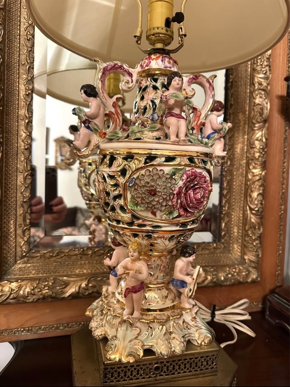 Ornate Multi-Color Porcelain Cherub Accent Lamp — Decorative Table Lamp
